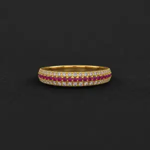 Twin Row Red Accent Gold Ring