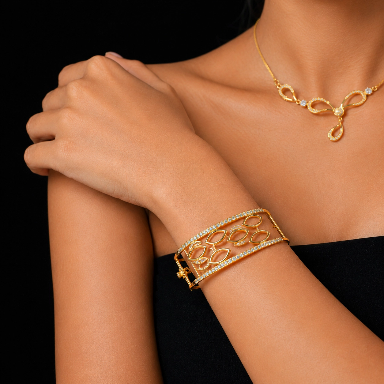 New Ganesha 22K Gold Floral Bangle with petal design and stone accents – 18.880g
